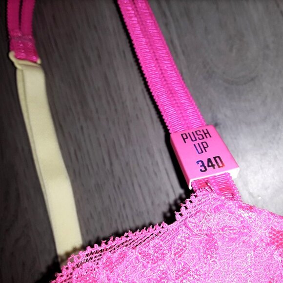 Victoria's Secret PINK Date Push Up Bra Size 34D Hot Pink Lace Neon Yellow Green - Picture 6 of 7